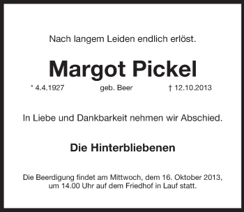 Traueranzeige von Margot Pickel von Pegnitz-Zeitung